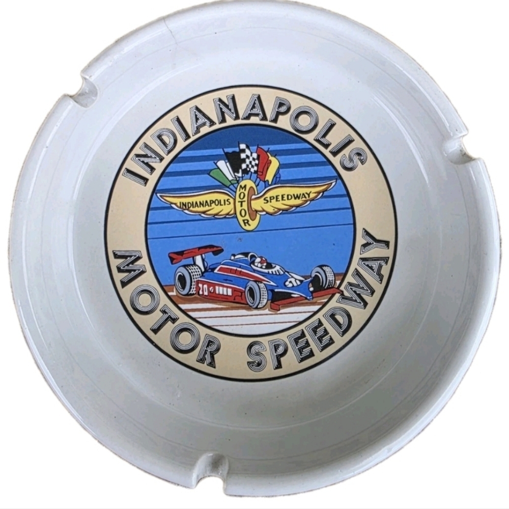 Indianapolis Motor Speedway Souvenir Ashtray 5" White Colorful Logo Vintage